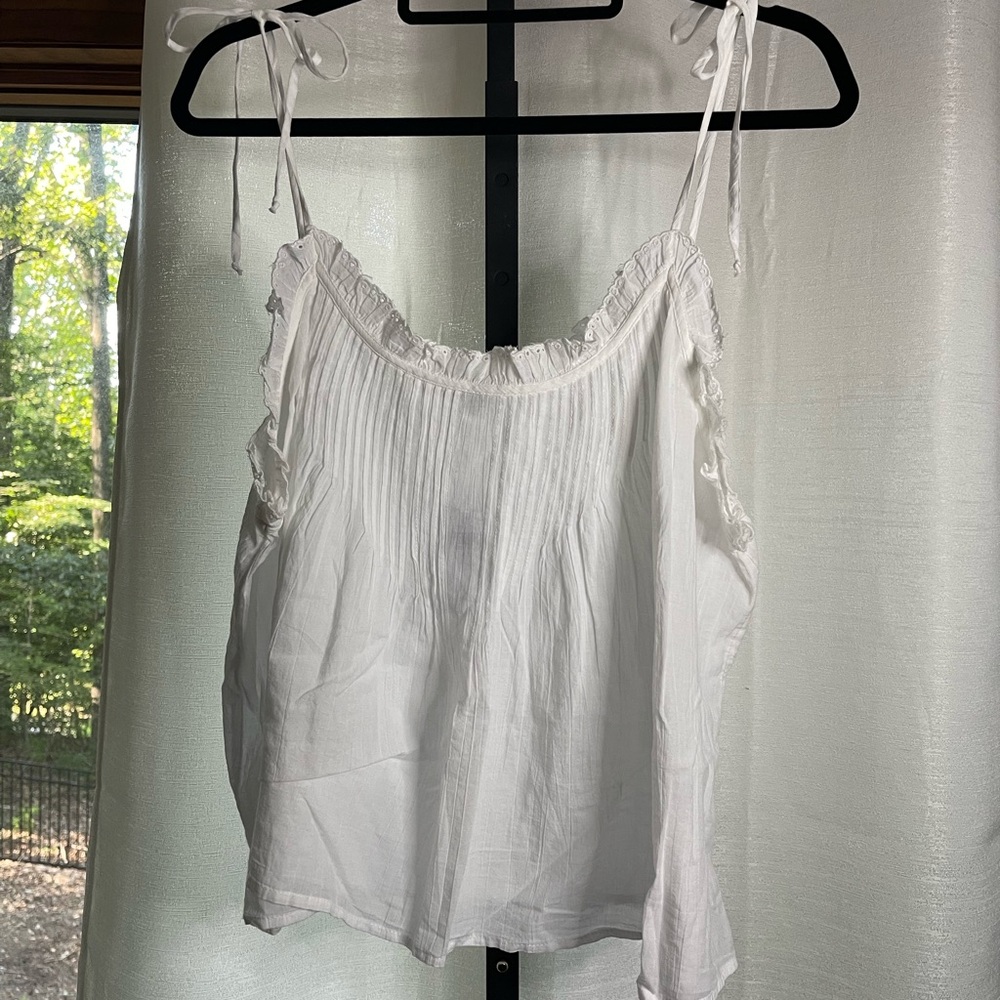 American Eagle Outfitters White Ruffle Tie-Shoulder Pintuck Camisole